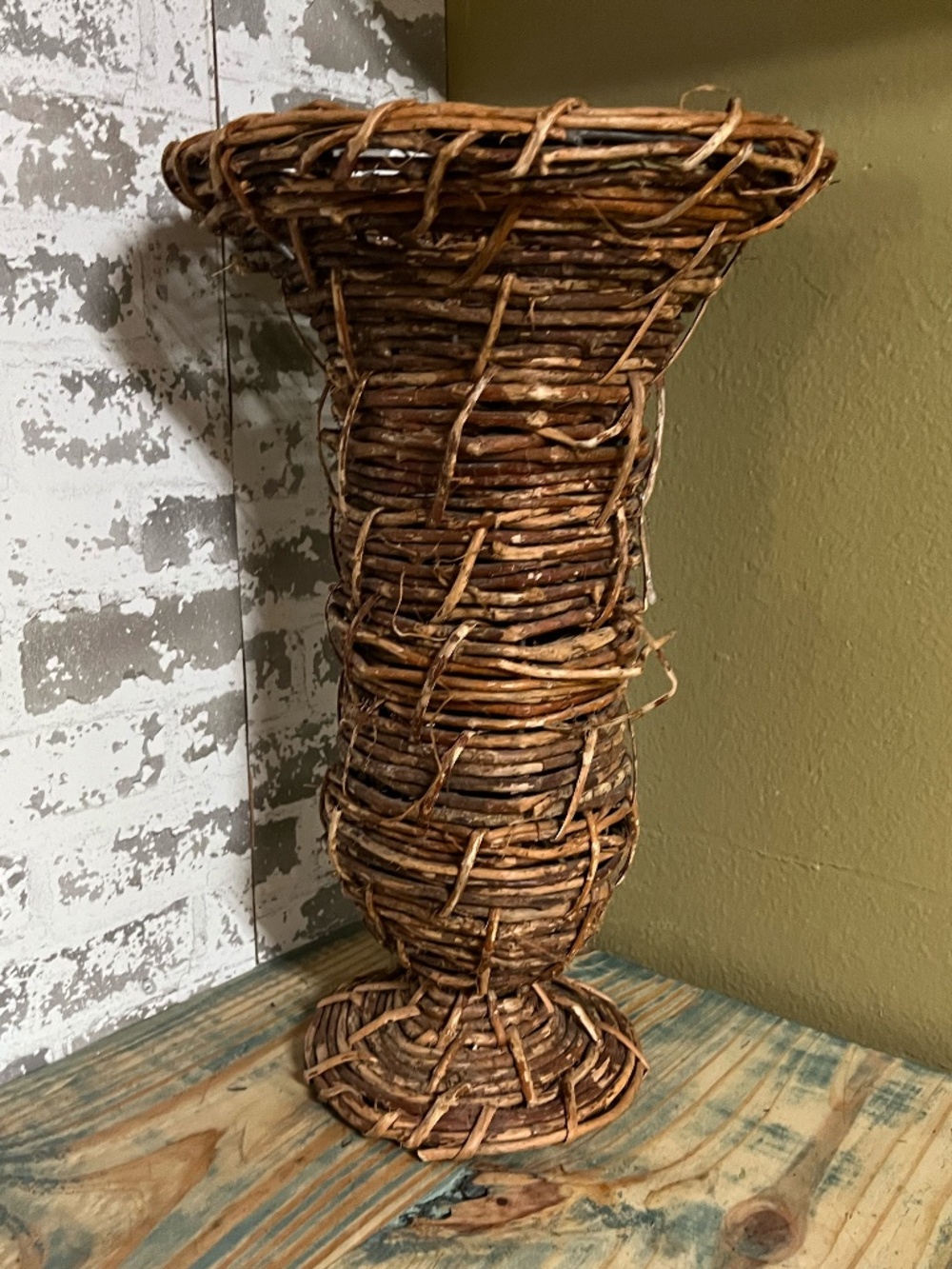 Rustic Woven Wicker Pedestal Vase Featuring An Open Flared Rim Made From Twig